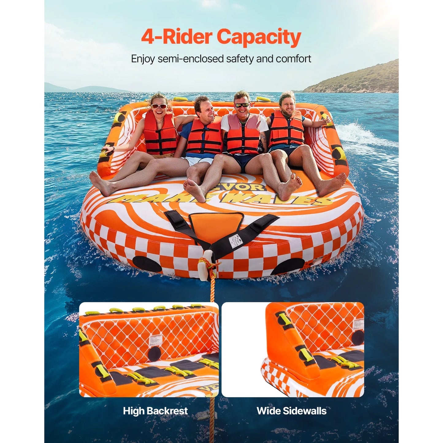 SucceBuy Towable Tube for Boating 1-4 Riders Inflatable Boat Tubes and Towables 680lbs Water Sport Towable Tube for Boat to Pull