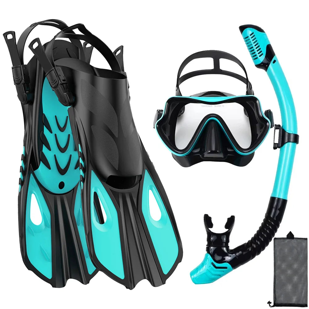 Mask Snorkel Fin Set Panoramic View Snorkel Mask Adjustable Dive Flipper Dry Top Snorkel and Travel Bag Snorkel Gear for Adults