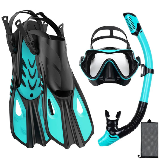 Mask Snorkel Fin Set Panoramic View Snorkel Mask Adjustable Dive Flipper Dry Top Snorkel and Travel Bag Snorkel Gear for Adults