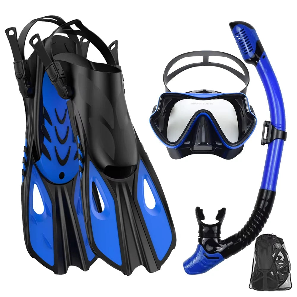 Mask Snorkel Fin Set Panoramic View Snorkel Mask Adjustable Dive Flipper Dry Top Snorkel and Travel Bag Snorkel Gear for Adults