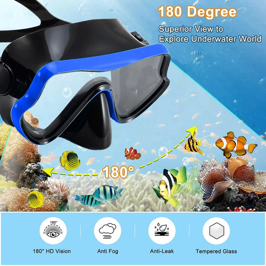 Mask Snorkel Fin Set Panoramic View Snorkel Mask Adjustable Dive Flipper Dry Top Snorkel and Travel Bag Snorkel Gear for Adults