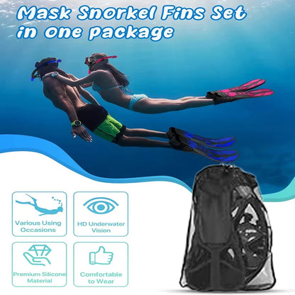 Mask Snorkel Fin Set Panoramic View Snorkel Mask Adjustable Dive Flipper Dry Top Snorkel and Travel Bag Snorkel Gear for Adults