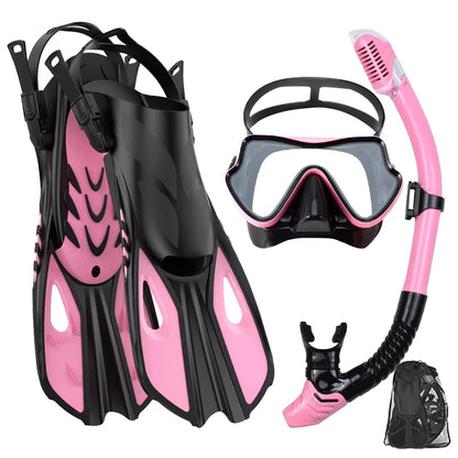 Mask Snorkel Fin Set Panoramic View Snorkel Mask Adjustable Dive Flipper Dry Top Snorkel and Travel Bag Snorkel Gear for Adults