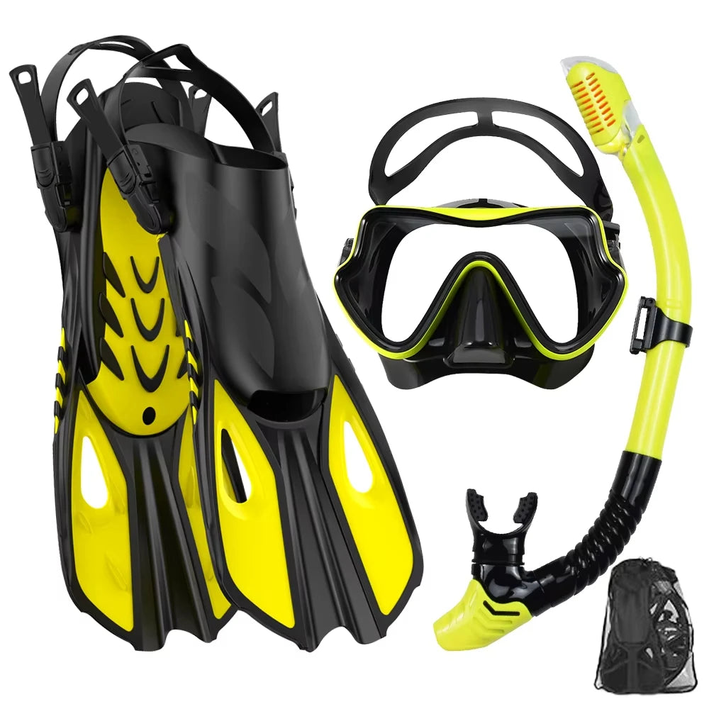 Mask Snorkel Fin Set Panoramic View Snorkel Mask Adjustable Dive Flipper Dry Top Snorkel and Travel Bag Snorkel Gear for Adults