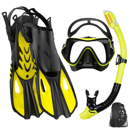 Mask Snorkel Fin Set Panoramic View Snorkel Mask Adjustable Dive Flipper Dry Top Snorkel and Travel Bag Snorkel Gear for Adults