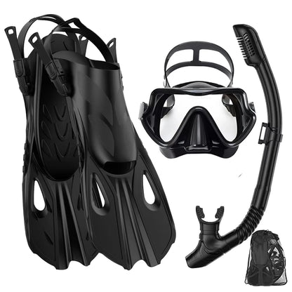 Mask Snorkel Fin Set Panoramic View Snorkel Mask Adjustable Dive Flipper Dry Top Snorkel and Travel Bag Snorkel Gear for Adults