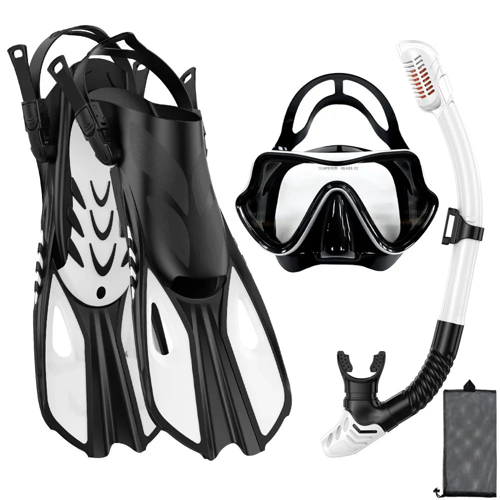 Mask Snorkel Fin Set Panoramic View Snorkel Mask Adjustable Dive Flipper Dry Top Snorkel and Travel Bag Snorkel Gear for Adults