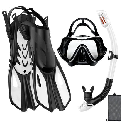 Mask Snorkel Fin Set Panoramic View Snorkel Mask Adjustable Dive Flipper Dry Top Snorkel and Travel Bag Snorkel Gear for Adults