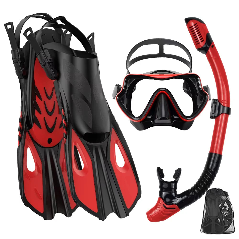 Mask Snorkel Fin Set Panoramic View Snorkel Mask Adjustable Dive Flipper Dry Top Snorkel and Travel Bag Snorkel Gear for Adults