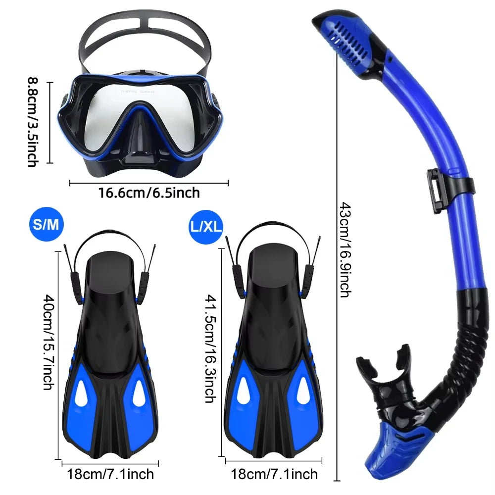 Mask Snorkel Fin Set Panoramic View Snorkel Mask Adjustable Dive Flipper Dry Top Snorkel and Travel Bag Snorkel Gear for Adults